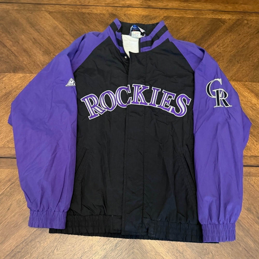 Vintage Apex One Colorado Rockies MLB Windbreaker Jacket Purple Black Mens Large